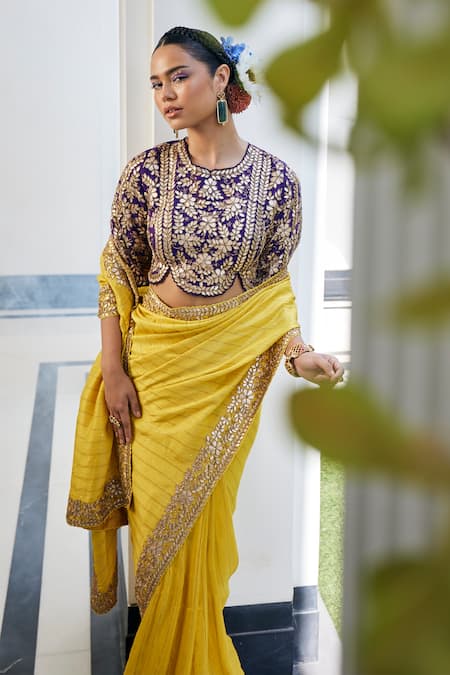 Label Deepshika Agarwal_Yellow Gingham Gota Patti Round Neck Work Saree With Embroidered Blouse _Online_at_Aza_Fashions