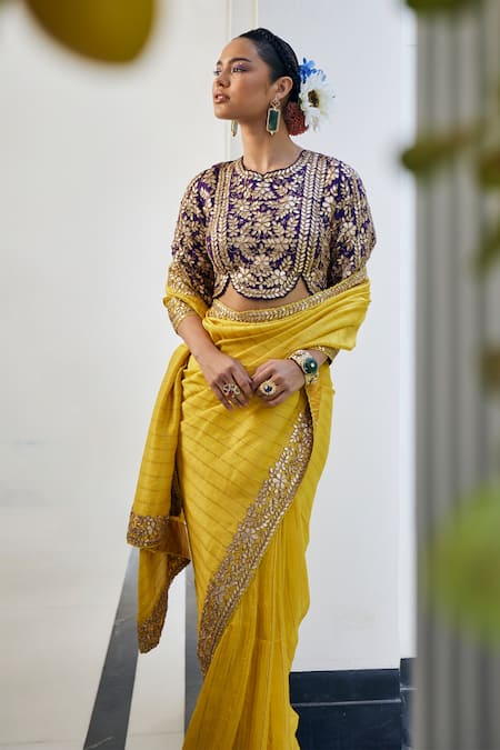 Buy_Label Deepshika Agarwal_Yellow Gingham Gota Patti Round Neck Work Saree With Embroidered Blouse _Online_at_Aza_Fashions