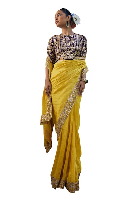 Shop Label Deepshika Agarwal Yellow Gingham Gota Patti Round Neck Work Saree With Embroidered Blouse Online at Aza Fashions Shop_Label Deepshika Agarwal_Yellow Gingham Gota Patti Round Neck Work Saree With Embroidered Blouse _Online_at_Aza_Fashions