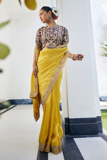 Label Deepshika Agarwal_Yellow Gingham Gota Patti Round Neck Work Saree With Embroidered Blouse _at_Aza_Fashions