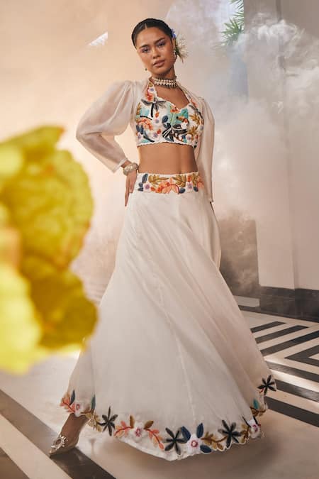 Shop_Label Deepshika Agarwal_White Satin, Organza, Magpie Garden Lehenga With Attached Jacket Crop Top _at_Aza_Fashions