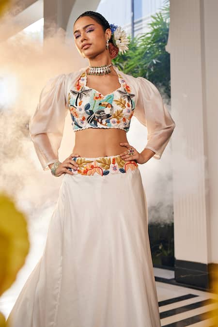 Label Deepshika Agarwal_White Satin, Organza, Magpie Garden Lehenga With Attached Jacket Crop Top _Online_at_Aza_Fashions
