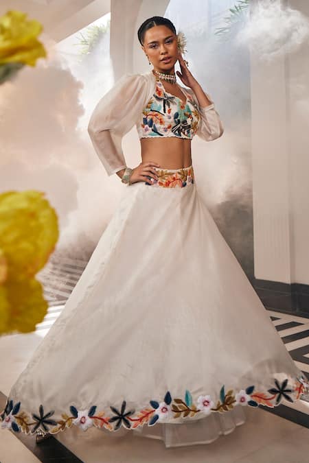 Buy_Label Deepshika Agarwal_White Satin, Organza, Magpie Garden Lehenga With Attached Jacket Crop Top _Online_at_Aza_Fashions