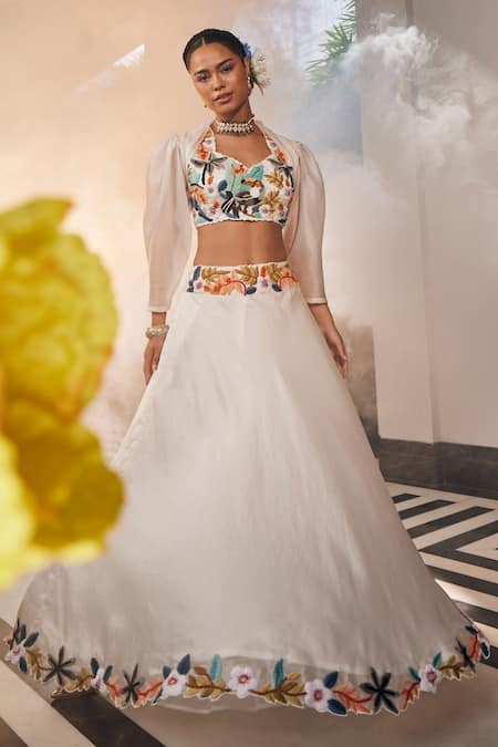 Shop_Label Deepshika Agarwal_White Satin, Organza, Magpie Garden Lehenga With Attached Jacket Crop Top _Online_at_Aza_Fashions