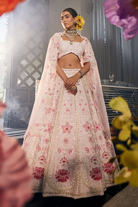 Label Deepshika Agarwal Pink Couture Silk Lining Taffeta Embroidery Petal Bloom Kalidar Lehenga Set