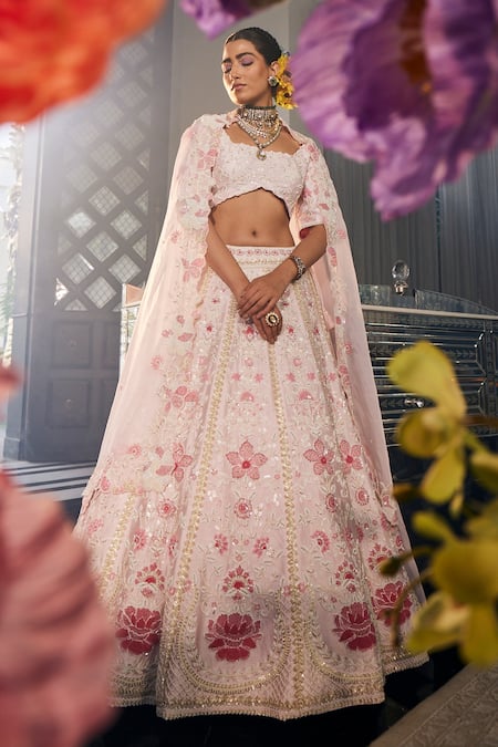 Shop_Label Deepshika Agarwal_Pink Crepe, Silk Embroidery Square Neck Petal Bloom Kalidar Lehenga Set _at_Aza_Fashions