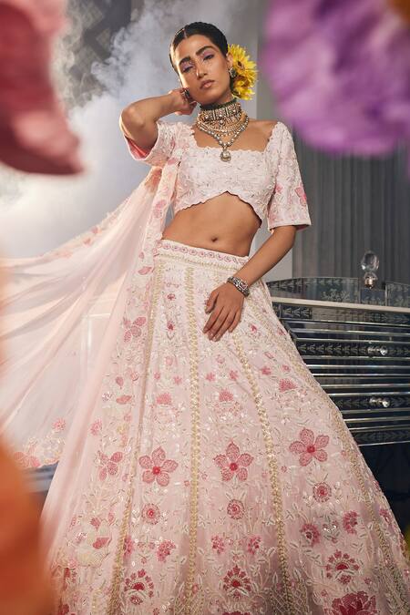 Label Deepshika Agarwal_Pink Crepe, Silk Embroidery Square Neck Petal Bloom Kalidar Lehenga Set _Online_at_Aza_Fashions