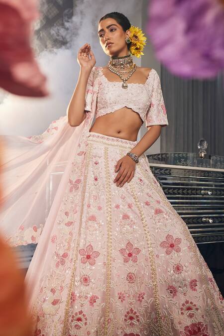 Buy_Label Deepshika Agarwal_Pink Crepe, Silk Embroidery Square Neck Petal Bloom Kalidar Lehenga Set _Online_at_Aza_Fashions