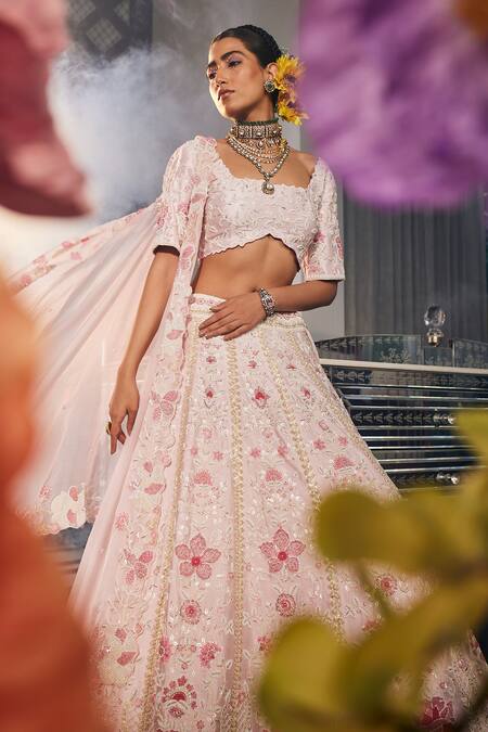 Shop_Label Deepshika Agarwal_Pink Crepe, Silk Embroidery Square Neck Petal Bloom Kalidar Lehenga Set _Online_at_Aza_Fashions