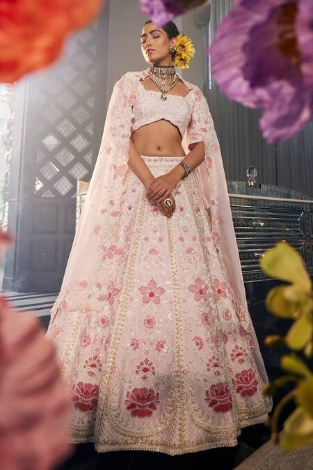 Label Deepshika Agarwal_Pink Crepe, Silk Embroidery Square Neck Petal Bloom Kalidar Lehenga Set _at_Aza_Fashions