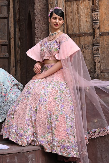Shop_Label Deepshika Agarwal_Pink Silk, Organza, Cotton Sequins, Beads Florence Embroidered Lehenga Set _at_Aza_Fashions