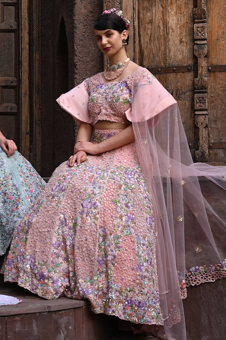 Label Deepshika Agarwal_Pink Silk, Organza, Cotton Sequins, Beads Florence Embroidered Lehenga Set _Online_at_Aza_Fashions