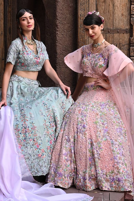Buy_Label Deepshika Agarwal_Pink Silk, Organza, Cotton Sequins, Beads Florence Embroidered Lehenga Set _Online_at_Aza_Fashions