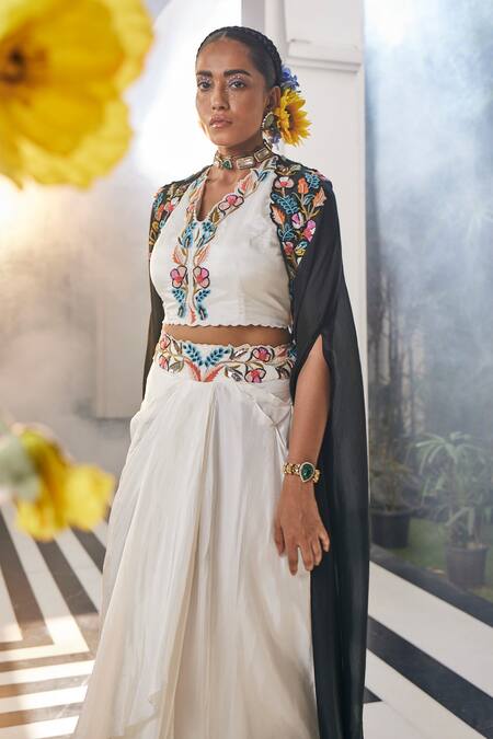 Shop_Label Deepshika Agarwal_Black Cotton Satin Embroidery, Beads Midnight Bloom Cape Cowl Draped Skirt Set _at_Aza_Fashions