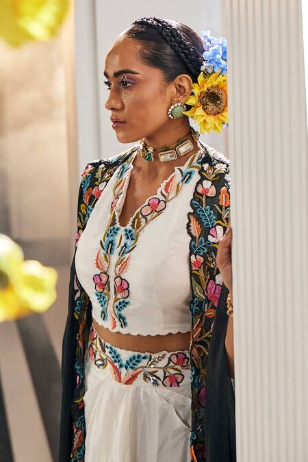 Label Deepshika Agarwal_Black Cotton Satin Embroidery, Beads Midnight Bloom Cape Cowl Draped Skirt Set _Online_at_Aza_Fashions