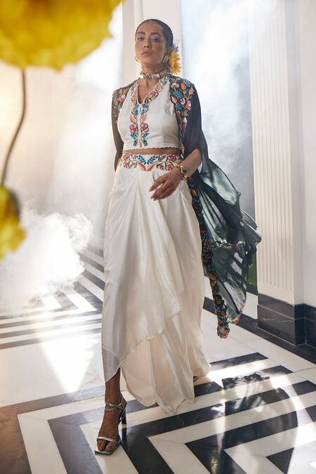 Buy_Label Deepshika Agarwal_Black Cotton Satin Embroidery, Beads Midnight Bloom Cape Cowl Draped Skirt Set _Online_at_Aza_Fashions