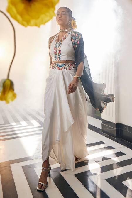 Shop_Label Deepshika Agarwal_Black Cotton Satin Embroidery, Beads Midnight Bloom Cape Cowl Draped Skirt Set _Online_at_Aza_Fashions