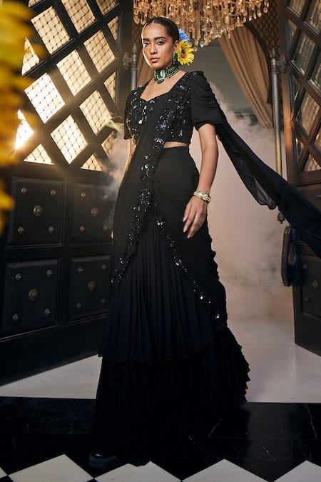 Shop_Label Deepshika Agarwal_Black Georgette, Taffeta Bloom Embroidered Tiered Pre-draped Saree With Blouse _at_Aza_Fashions