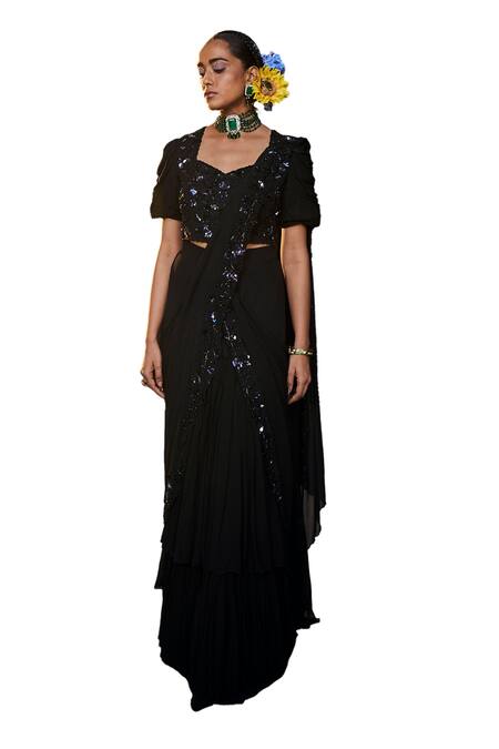 Label Deepshika Agarwal Black Georgette, Taffeta Bloom Embroidered Tiered Pre-draped Saree With Blouse Online at Aza Fashions Label Deepshika Agarwal_Black Georgette, Taffeta Bloom Embroidered Tiered Pre-draped Saree With Blouse _Online_at_Aza_Fashions