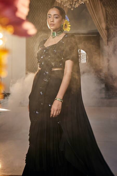 Buy_Label Deepshika Agarwal_Black Georgette, Taffeta Bloom Embroidered Tiered Pre-draped Saree With Blouse _Online_at_Aza_Fashions