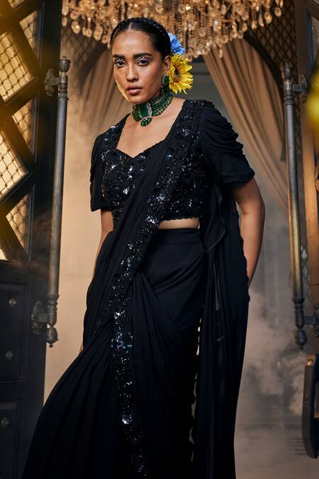 Shop_Label Deepshika Agarwal_Black Georgette, Taffeta Bloom Embroidered Tiered Pre-draped Saree With Blouse _Online_at_Aza_Fashions