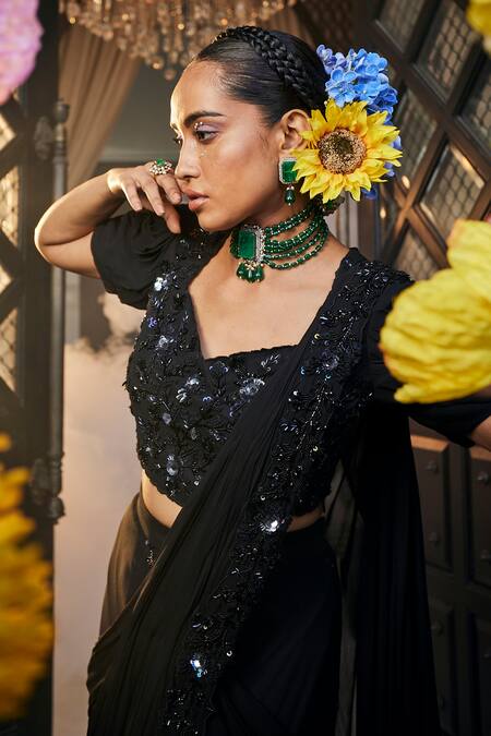 Label Deepshika Agarwal_Black Georgette, Taffeta Bloom Embroidered Tiered Pre-draped Saree With Blouse _at_Aza_Fashions
