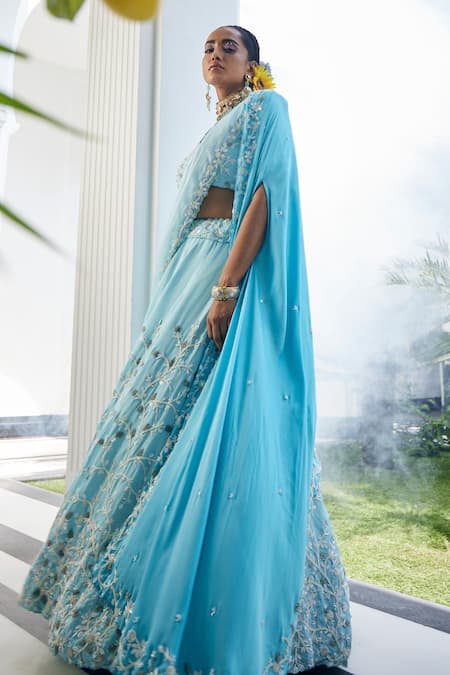Shop_Label Deepshika Agarwal_Blue Organza, Taffeta Embroidery V-neck Iris Fleur Cape Lehenga Set _at_Aza_Fashions