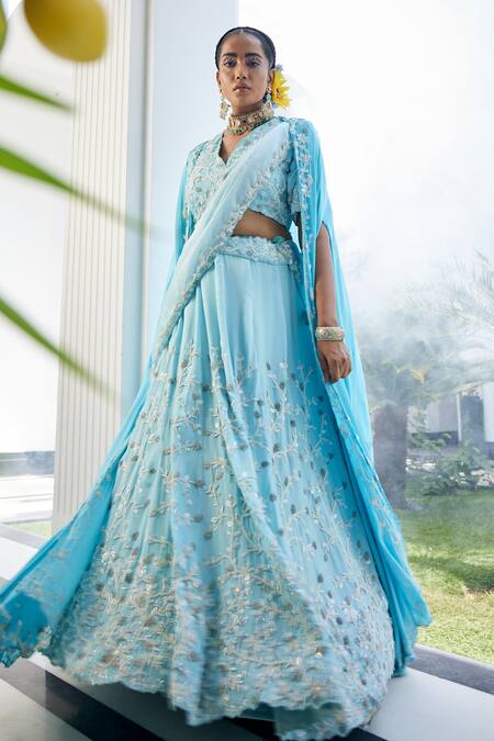 Label Deepshika Agarwal_Blue Organza, Taffeta Embroidery V-neck Iris Fleur Cape Lehenga Set _Online_at_Aza_Fashions