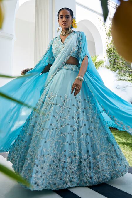 Buy_Label Deepshika Agarwal_Blue Organza, Taffeta Embroidery V-neck Iris Fleur Cape Lehenga Set _Online_at_Aza_Fashions