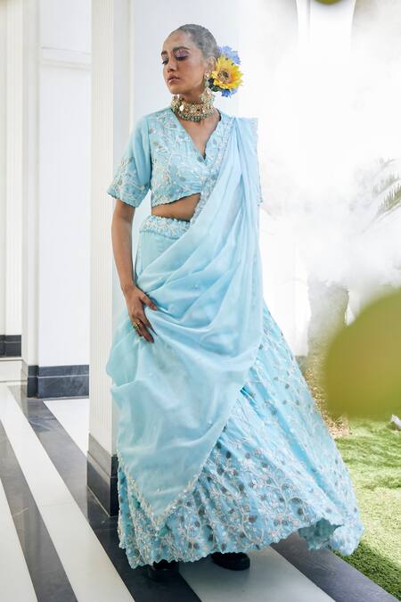 Shop_Label Deepshika Agarwal_Blue Organza, Taffeta Embroidery V-neck Iris Fleur Cape Lehenga Set _Online_at_Aza_Fashions
