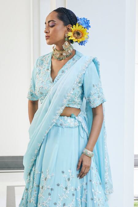 Label Deepshika Agarwal Blue Organza, Taffeta Embroidery V-neck Iris Fleur Cape Lehenga Set at Aza Fashions Label Deepshika Agarwal_Blue Organza, Taffeta Embroidery V-neck Iris Fleur Cape Lehenga Set _at_Aza_Fashions