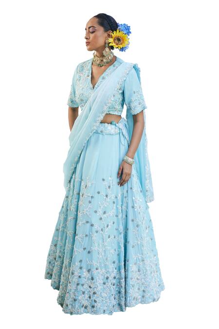 Buy Label Deepshika Agarwal Blue Organza, Taffeta Embroidery V-neck Iris Fleur Cape Lehenga Set Buy_Label Deepshika Agarwal_Blue Organza, Taffeta Embroidery V-neck Iris Fleur Cape Lehenga Set