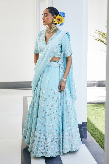Shop_Label Deepshika Agarwal_Blue Organza, Taffeta Embroidery V-neck Iris Fleur Cape Lehenga Set 