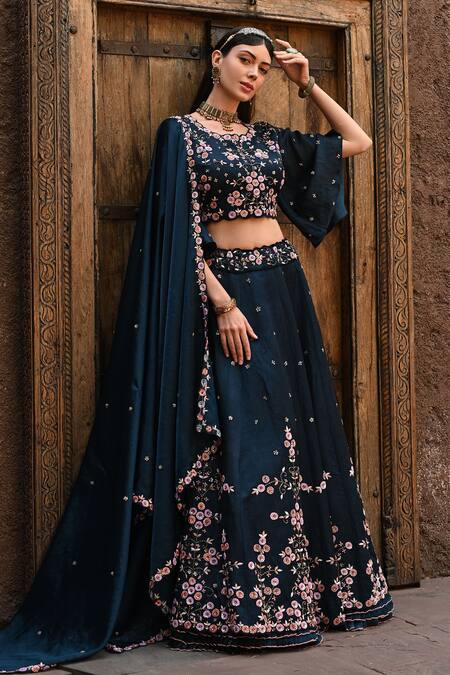 Label Deepshika Agarwal_Blue Cotton, Silk, Organza Embroidery, Sequins Round Dainty Bloom Lehenga Set _Online_at_Aza_Fashions
