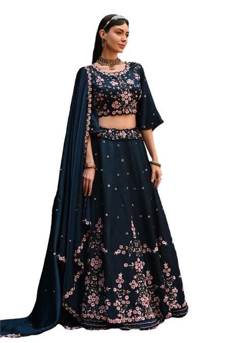 Buy Label Deepshika Agarwal Blue Cotton, Silk, Organza Embroidery, Sequins Round Dainty Bloom Lehenga Set Online at Aza Fashions Buy_Label Deepshika Agarwal_Blue Cotton, Silk, Organza Embroidery, Sequins Round Dainty Bloom Lehenga Set _Online_at_Aza_Fashions
