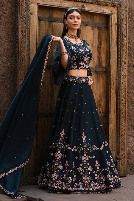 Shop_Label Deepshika Agarwal_Blue Cotton, Silk, Organza Embroidery, Sequins Round Dainty Bloom Lehenga Set _Online_at_Aza_Fashions