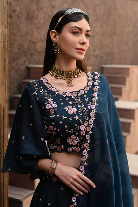 Label Deepshika Agarwal Blue Cotton, Silk, Organza Embroidery, Sequins Round Dainty Bloom Lehenga Set at Aza Fashions Label Deepshika Agarwal_Blue Cotton, Silk, Organza Embroidery, Sequins Round Dainty Bloom Lehenga Set _at_Aza_Fashions