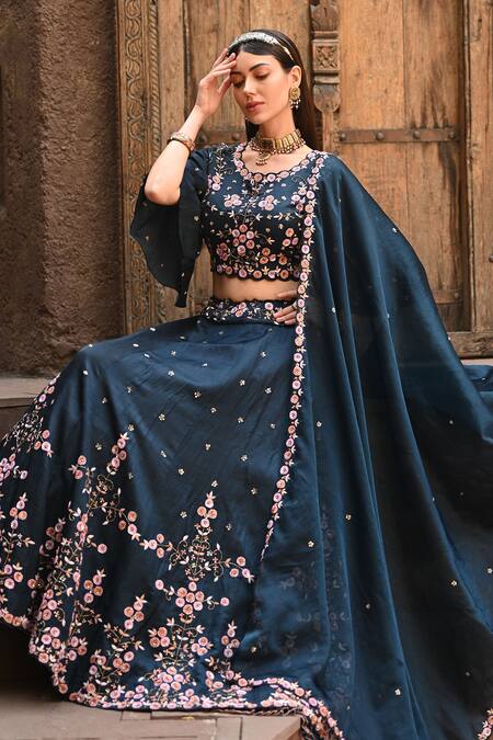 Buy_Label Deepshika Agarwal_Blue Cotton, Silk, Organza Embroidery, Sequins Round Dainty Bloom Lehenga Set 