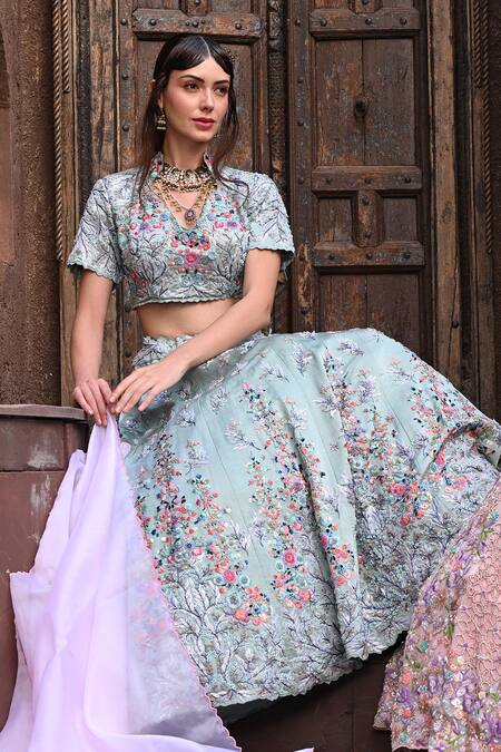 Label Deepshika Agarwal_Blue Organza, Taffeta, Cotton, Bluebell Garden Embroidered Kalidar Lehenga Set _Online_at_Aza_Fashions