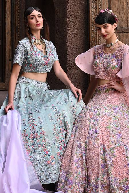 Buy_Label Deepshika Agarwal_Blue Organza, Taffeta, Cotton, Bluebell Garden Embroidered Kalidar Lehenga Set _Online_at_Aza_Fashions