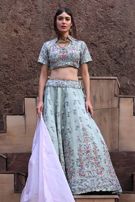 Shop_Label Deepshika Agarwal_Blue Organza, Taffeta, Cotton, Bluebell Garden Embroidered Kalidar Lehenga Set _Online_at_Aza_Fashions