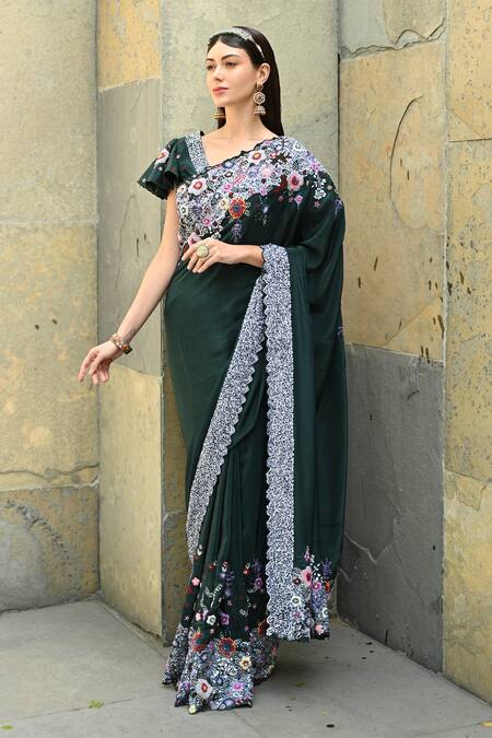 Label Deepshika Agarwal_Green Organza, Taffeta Sequins V-neck Meadow Bloom Embroidered Saree With Blouse _Online_at_Aza_Fashions