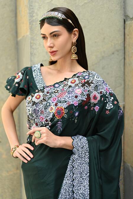 Shop_Label Deepshika Agarwal_Green Organza, Taffeta Sequins V-neck Meadow Bloom Embroidered Saree With Blouse _Online_at_Aza_Fashions