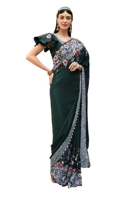 Label Deepshika Agarwal Green Organza, Taffeta Sequins V-neck Meadow Bloom Embroidered Saree With Blouse at Aza Fashions Label Deepshika Agarwal_Green Organza, Taffeta Sequins V-neck Meadow Bloom Embroidered Saree With Blouse _at_Aza_Fashions