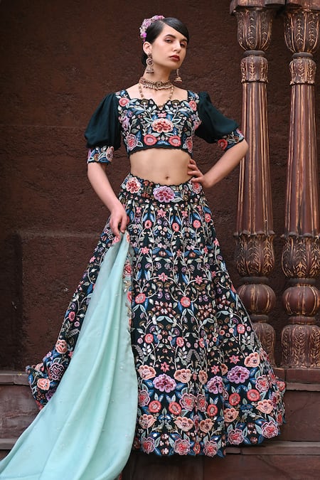 Shop_Label Deepshika Agarwal_Green Taffeta, Cotton, Organza Sequins, Beads, Embroidery Gullista Lehenga Set _at_Aza_Fashions