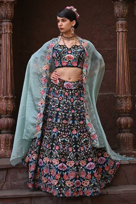 Buy_Label Deepshika Agarwal_Green Taffeta, Cotton, Organza Sequins, Beads, Embroidery Gullista Lehenga Set _Online_at_Aza_Fashions