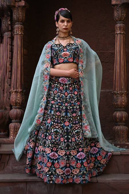 Shop_Label Deepshika Agarwal_Green Taffeta, Cotton, Organza Sequins, Beads, Embroidery Gullista Lehenga Set _Online_at_Aza_Fashions