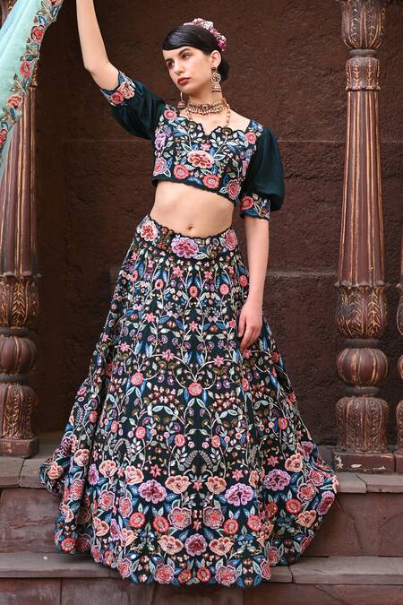 Label Deepshika Agarwal_Green Taffeta, Cotton, Organza Sequins, Beads, Embroidery Gullista Lehenga Set _at_Aza_Fashions