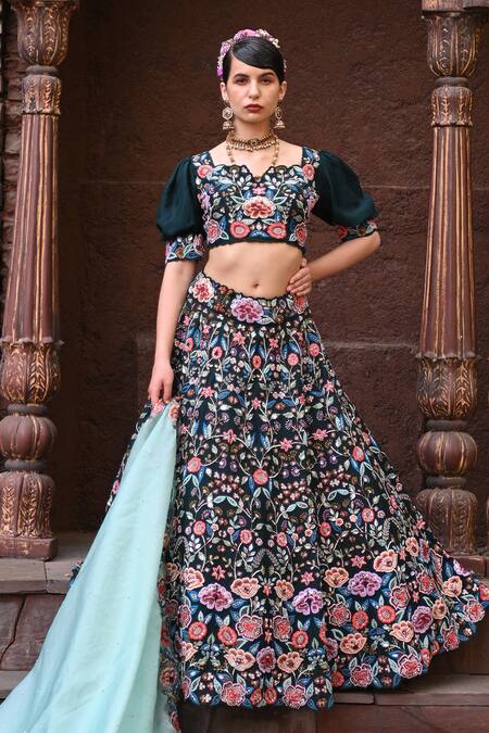 Buy_Label Deepshika Agarwal_Green Taffeta, Cotton, Organza Sequins, Beads, Embroidery Gullista Lehenga Set 