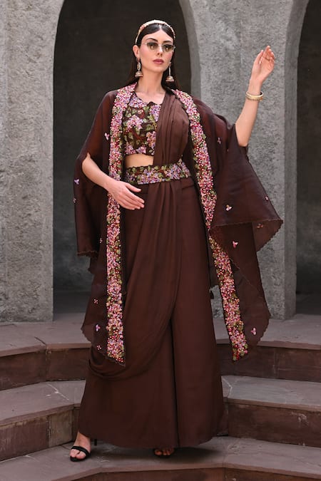 Shop_Label Deepshika Agarwal_Brown Organza, , Satin Sequins, Gardenia Cape Palazzo Set _at_Aza_Fashions